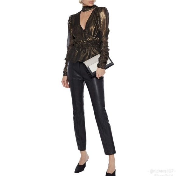 Walter Baker Faulk Puff Bronze Metallic Ruched Peplum Top Size - Picture 2 of 13